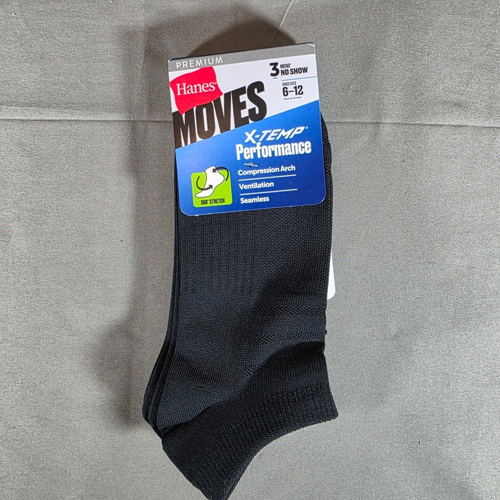 Hanes Moves X-Temp Performance Mens No Show Socks 3 Pair Black PMSS90 Shoe 6-12
